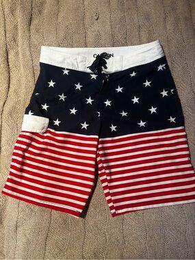 Men’s Carbon American Flag Swim Trunks Board Shorts Size 30 Patriotic USA